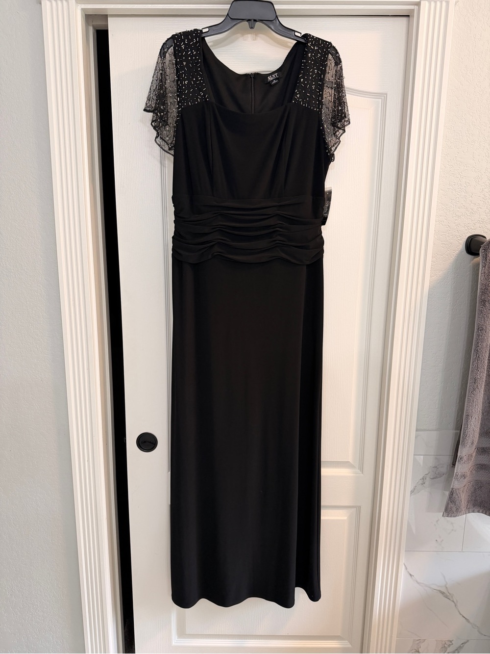 SLNY Black Beaded Sleeve Maxi Dress
